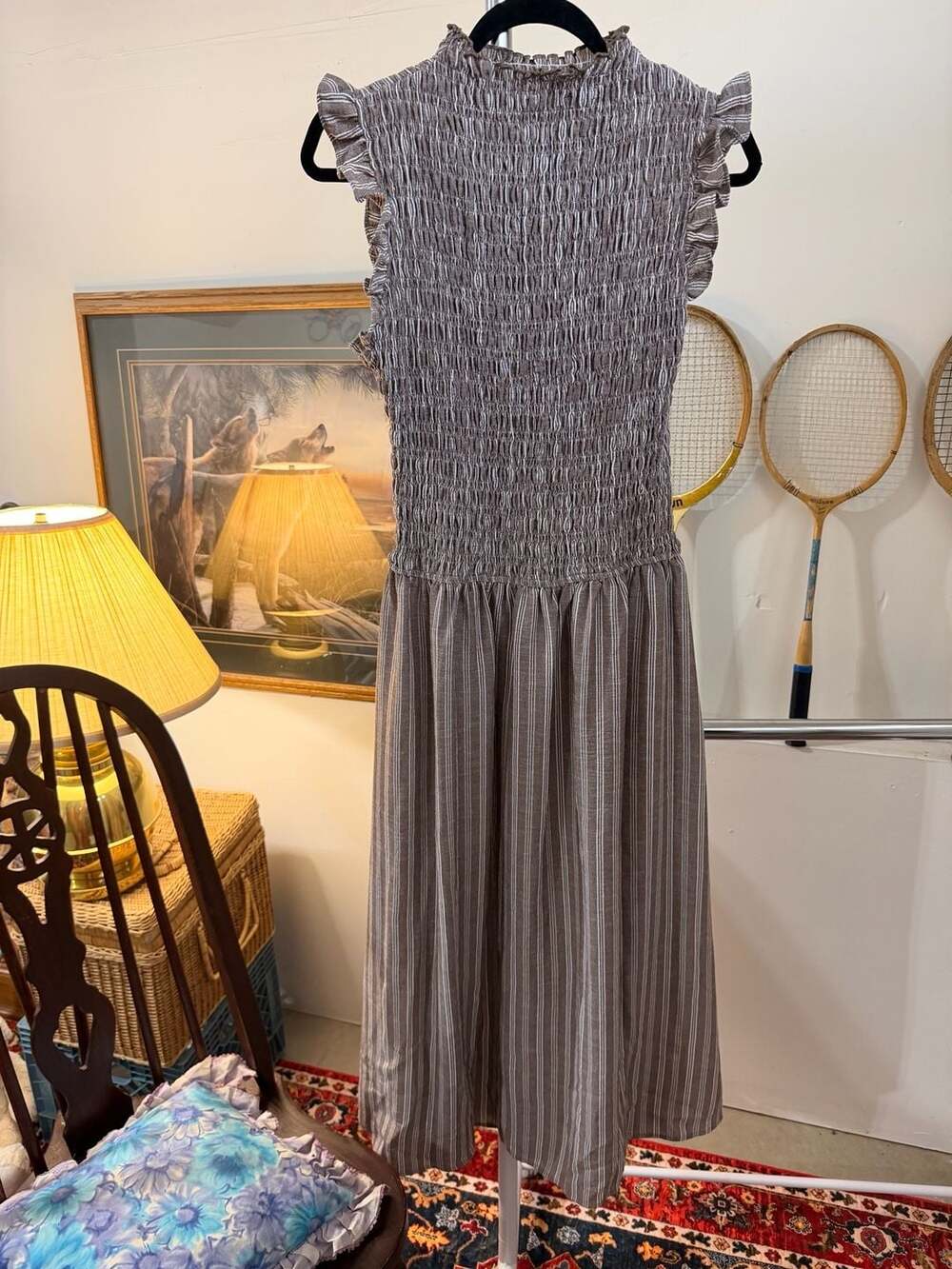 High Neck Sleeveless Maxi Dress Striped Smocked Coastal Boho Farm Country Girl